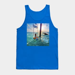 Mermaid on a Swing in the Ocean with Whale Breaching Tank Top